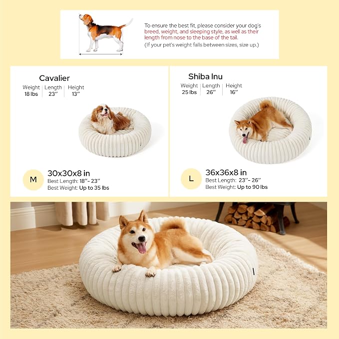 Bedsure ComfyFleece™ Donut Large Dog Bed - Washable Faux Fur with Corduroy Fleece & Anti Slip Bottom, Round Pet Bed with Removable Cover, Camel Brown, 36x36x8 inches | 36x36x8in,Calming Round Pet Bed,Support Plush , with Removable Corduroy Fleece for B... - Image 6