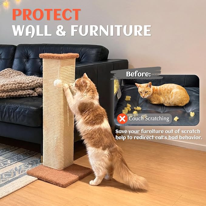 PETKARAY Couch Corner Cat Scratcher, 28.5" Sisal Scratching Post for Indoor Cats, Corner Wall Scratch Pad for Furniture Protection, Plush Base, Large - Image 4