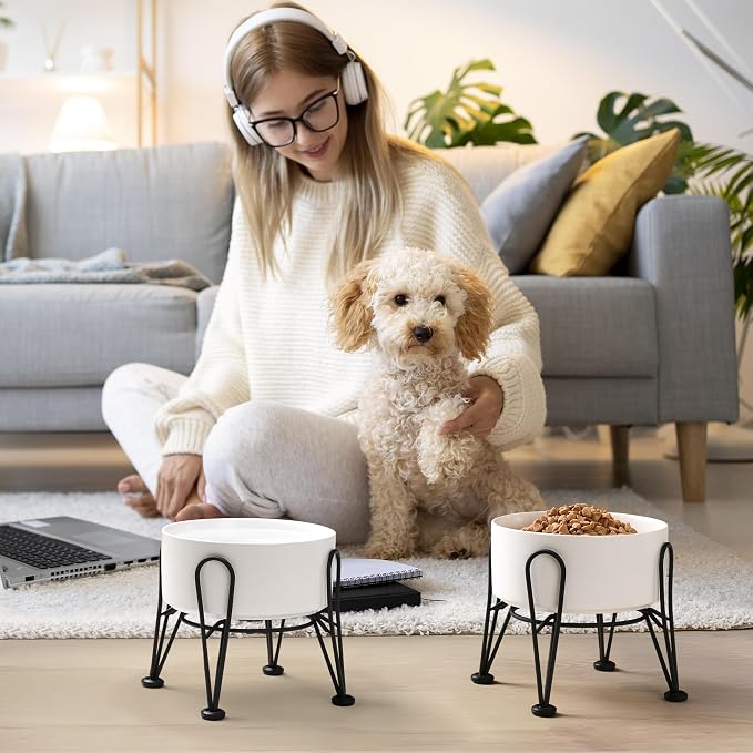 Elevated Dog Bowls, Ceramic Raised Dog Bowl Set with Anti-Slip and Non-Tip Metal Stand, 2 Pack Pet Food and Water Feeding Bowls for Small and Medium Dogs (White,3.6 Cups) - Image 6