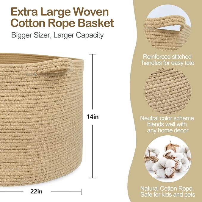 MEGASKET Extra Large Storage Basket, 22" X 22" X 14" Stuffed Animal Basket for Living Room Kids Room, Soft Cotton Rope Bin With Handle, Throw Blanket Storage, Stuffed Animal Toy Organizer Box - Image 2