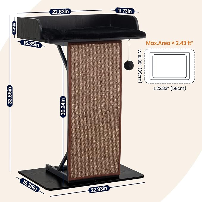Modern Wood Cat Tree Tower for Indoor Large Adult Cats with Big Perch Bed | 33.8in Tall Wooden Cat Trees with Platform, Cat Scratching Pads, Washable Cushions, Cat Furniture for Window, Rustic Black - Image 9