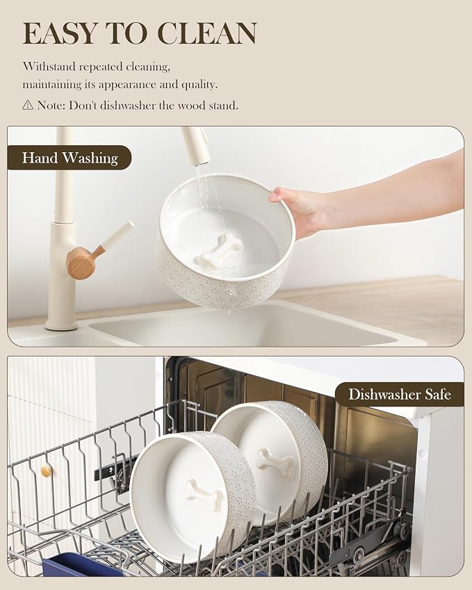 MALACASA Dog Bowl Set, Ceramic Bowls with Walnut Wood Stand, 6 Cups | Five-Leaf Grass and Honeycomb Design, Non-Slip Base, for Dogs, About 26% Heavier than Similar Ceramic Bowls - Image 8