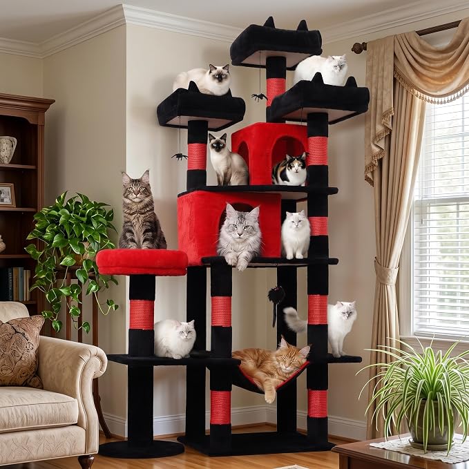 Gothic Cat Tree, 71 Inch Heavy Duty Cat Trees for Large Cats | Tall Cat Tree Tower with Extended Base, 2 Condos, 3 Perches, 9 Sisal Posts & Hammock for Indoor Adult Cats, Black Red by LIKISAK