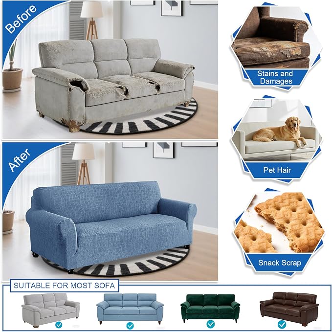 MAXIJIN Waterproof Couch Cover for 3 Cushion Couch, 1 Piece Stretch Sofa Covers Slipcovers with Non-Slip Elastic Bottom, Washable Furniture Protector for Dogs Pets (Large, Dusty Blue) - Image 6