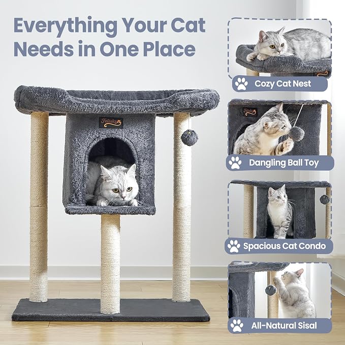 Cat Tree Tower Scratching Post for Indoor Large Adult Cats with Perch Bed | 28in Tall Small Cat Trees House with Big Perch, Condo, Toy Balls, Modern Kitten Climbing Furniture Platform, Dark Gray - Image 5