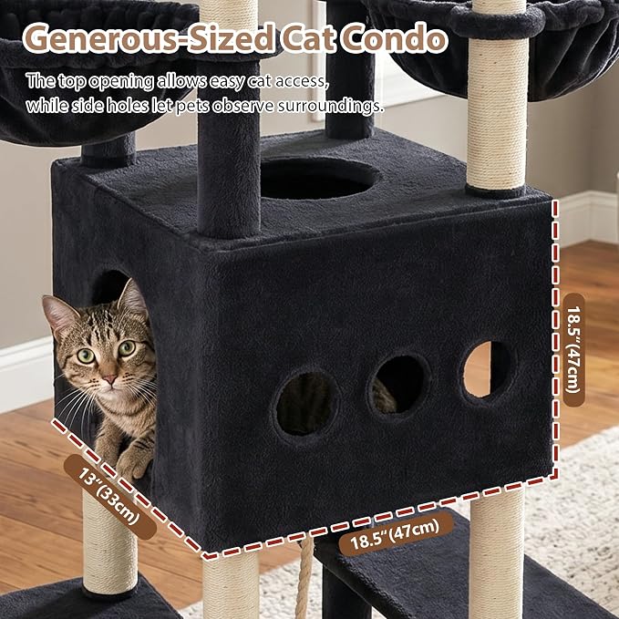 Cat Tree, 78.7'' Tall Tower with Extra Wide Top Platform GCT804G | Multi-level Cat Furniture for Indoor Cats, Cat House with Dual Scratching Boards, Big Condo, 2 Baskets & Hammock, Light Gray - Image 2