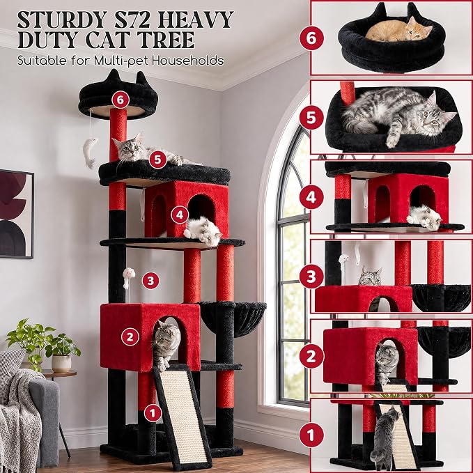 Globlazer Heavy Duty Gothic Cat Tree, 72in Large Cat Tower with Coffin Bed, Sturdy Maine Coon Cat Tree for Large Cats 20 lbs+, Medieval Castle Style with 6 Scratching Posts & Hammock, S72, Black & Red - Image 6