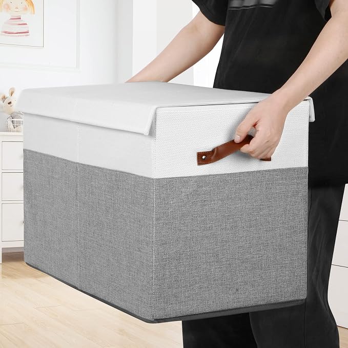 Large Toy Storage Box with Lid, Toy Chest Bin Boxes Basket with Dividers | Sturdy Toy Organizer Bin for Kids, Boys, Girls, Nursery, Living Room, Bedroom, Playroom 25"x13" x16" (Grey and White) - Image 3