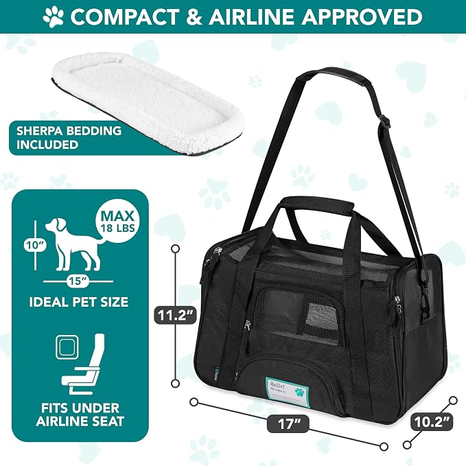 PetAmi Airline Approved Pet Carrier for Cats & Small Dogs, Small, Black | Soft Sided TSA Travel Bag, Sherpa Bed, Breathable Mesh Ventilation, Collapsible Bowl, Fits Under Seat, Up to 18 lbs - Image 2