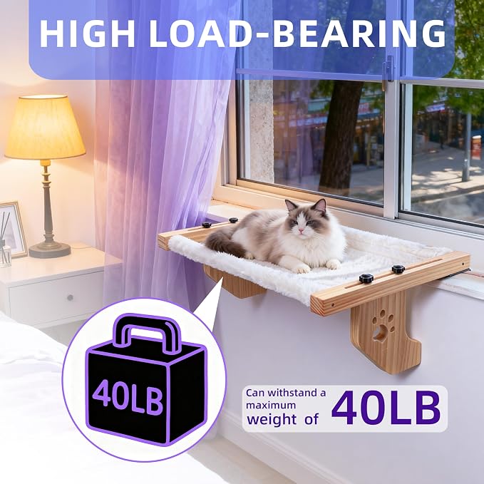 ESPETS Wooden Cat Window Hammock for Large Cats, White Kitten Window Perch | Solid Wood Window Ledge Perch, Sturdy Large Size Shelves, Soft Thick Removable Cushion, Easy Assemble Adjustable, Hold 50LBS - Image 3