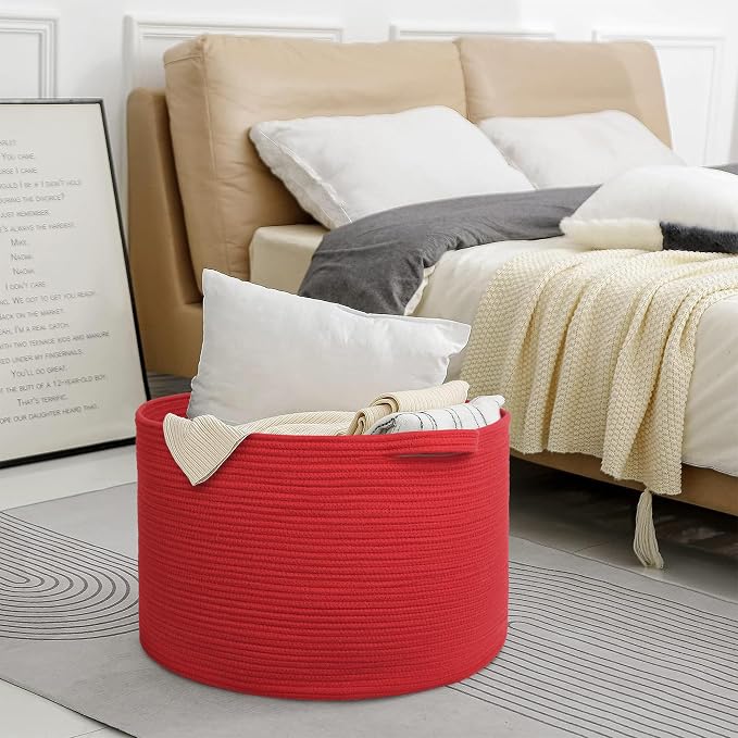 MEGASKET Extra Large Red Basket for Organizing, 22" X 22" X 14" Woven Cotton Rope Bins for Blankets, Baby Nursery Wicker Laundry Basket, Kids Dog Toy Storage Box, Big Red Living Room Decor Organizer - Image 6