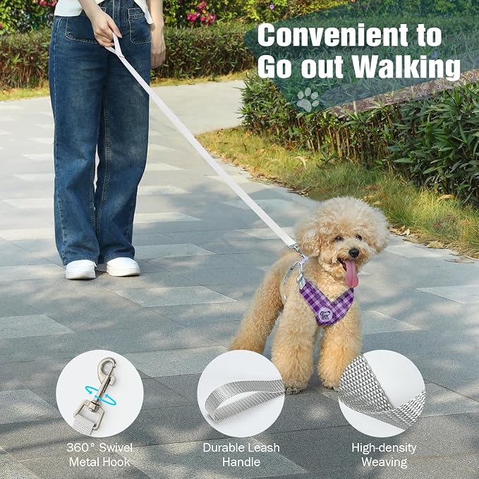 Pawaboo Small Dog Harness and Leash Set, Puppy Harness X-Frame Adjustable | Dog Vest Harness for Small Medium Sized Dogs No Pull No Choke, Soft Breathable Pet Harness for Walking Outing, S,Purple Plaid - Image 6