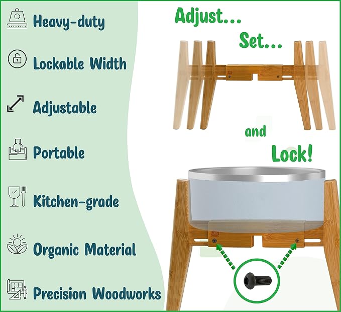 Dog Bowl Stand for Large Dogs - Adjustable, Bamboo | Use to Elevate, Raise Pet Food Water and Slow Feeder Bowls, Expandable with Locking Option, Non-Slip Feet, Stand Only - Image 7