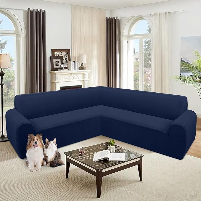 ALIECOM Corner Sectional Couch Covers Washable Sofa Cover L Shaped Couch Cover for Dogs Pets Stretch Soft Sectional Slipcovers with Non Slip Strips U Shape Furniture Protector (Navy, Large) - Image 2