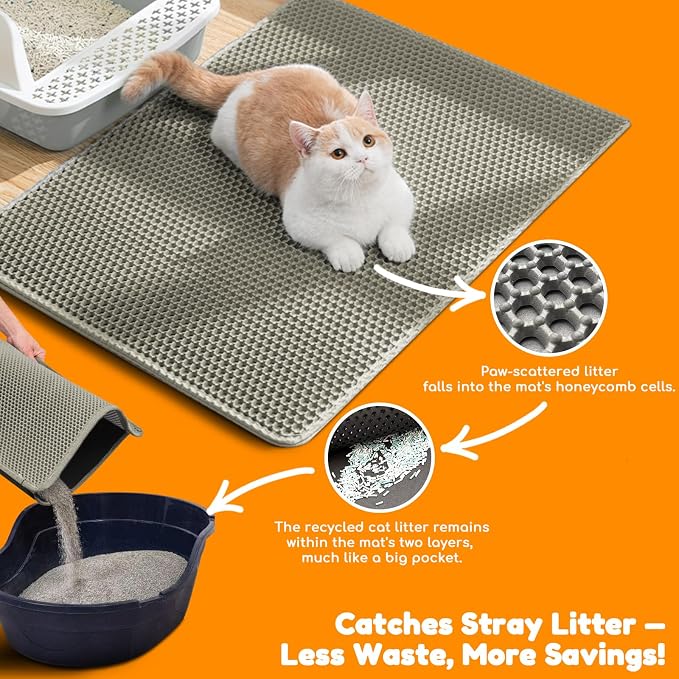 Cat Litter Mat 35"x24",Double Layer EVA litterbox Mat Beige | Extra Large Honeycomb, Waterproof & non-slip, Odor-free, easy clean, washable durable floor protector,scatter control - Image 6