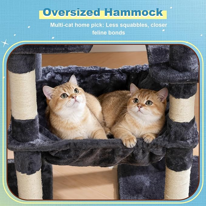Hey-brother Cat Tree Tower with Plush Steped Condos, Big Platform, MPJ071G | 50 Inches Tiered Climbing Cat House with Sisal Scratching Posts, Spacious Hammock, Cozy Basket for Indoor Cats, Smoky Gray - Image 6