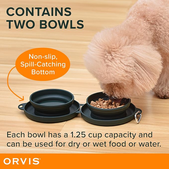 Orvis Pet Travel Collapsible Feeder with Food + Water Dish, 2-in-1, BPA Free, Food-Grade Silicone | Space-Saving Pet Travel Bowls, Nonslip Bottom + Carabiner Clip - Image 4