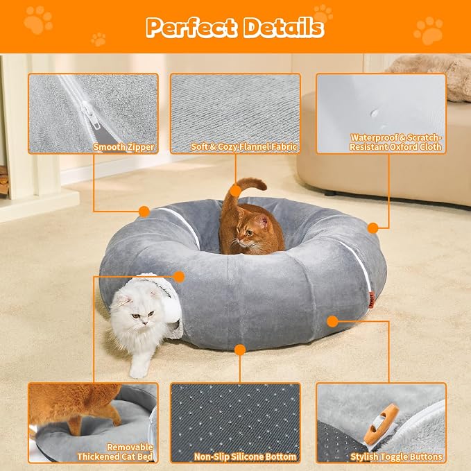 Cat Tunnel Bed for Indoor Cats, XL Donut Tunnels, 35.5 Inch, Grey | 2 in 1 Cat Tunnels for Indoor Cats Kitten Puppy Rabbit Pet Tunnel Toy with Washable Cushion Bed Grey - Image 4
