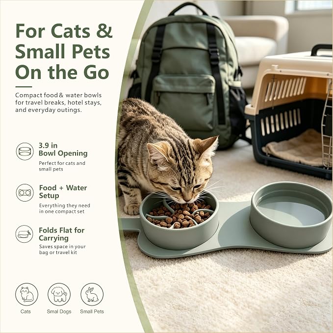 Portable Collapsible Travel Double Bowl for Small Dogs Up to 10 lb | Silicone bowl with a slow feeder side and carabiner. Unique design avoids onsite cleanup. Pour out water, close it and go - Image 6