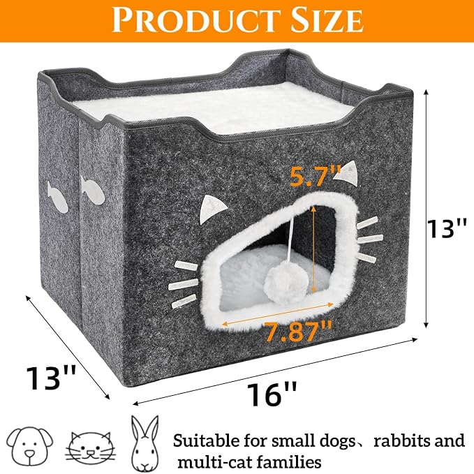 Cat House for Indoor Cats with Cushion Pad and Fluffy Ball | Large Foldable Covered Cat Bed, Cute Cat Cave Cat Condo Hideaway for Pet Cats, Multi Small Pet, Grey - Image 2