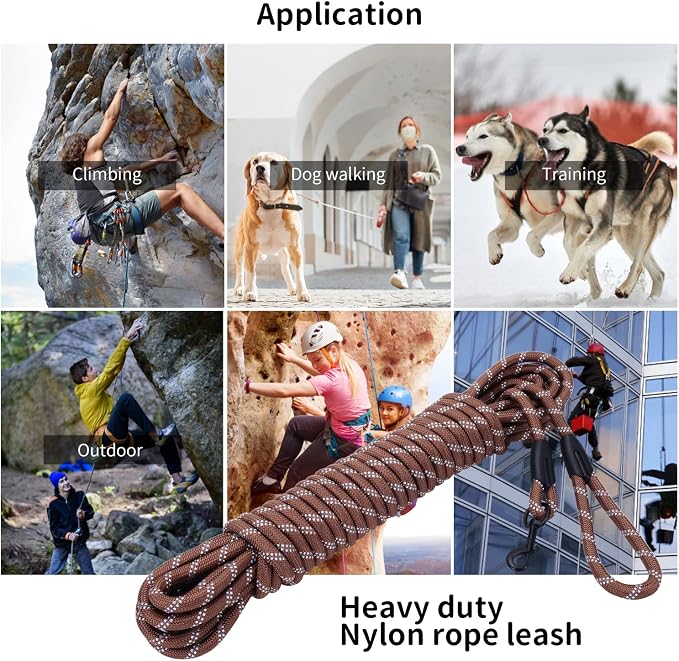 Long Dog Leash for Training 20Ft-Reflective Nylon Rope with Swivel Hook-Recall Agility Lead for Large Small Medium Dogs Outside Walking Hiking-Brown Diam 1/2" - Image 2