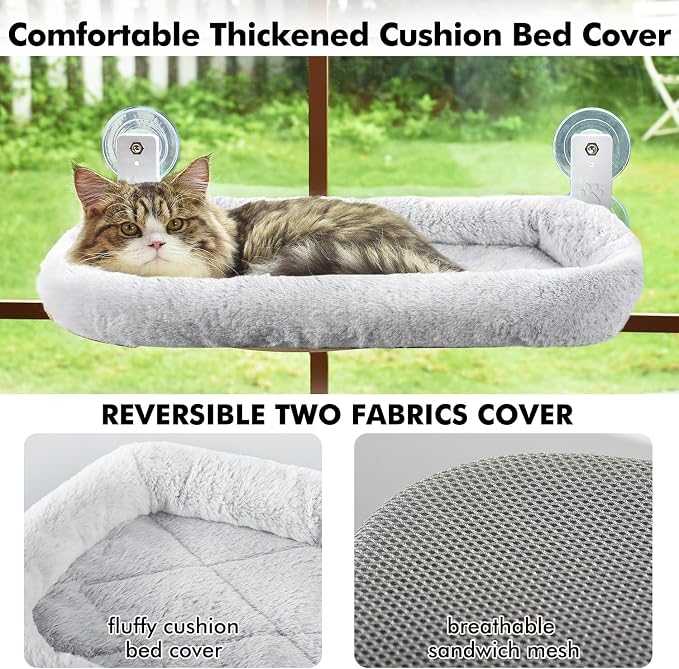 AMOSIJOY Cordless Cat Window Perch, Cat Hammock for Wall with 4 Strong Suction Cups, Solid Metal Frame and Two Replaceable Covers, Foldable Cat Beds for Indoor Cats (Large-Cushion Bed-Gray) - Image 5