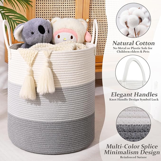 Laundry Hamper for Organizing, 52L Large Laundry Baskets, Cotton Rope Woven Blanket Basket, Collapsible Laundry Hamper for Living Room, Nursery, 15"×18", Gray - Image 2