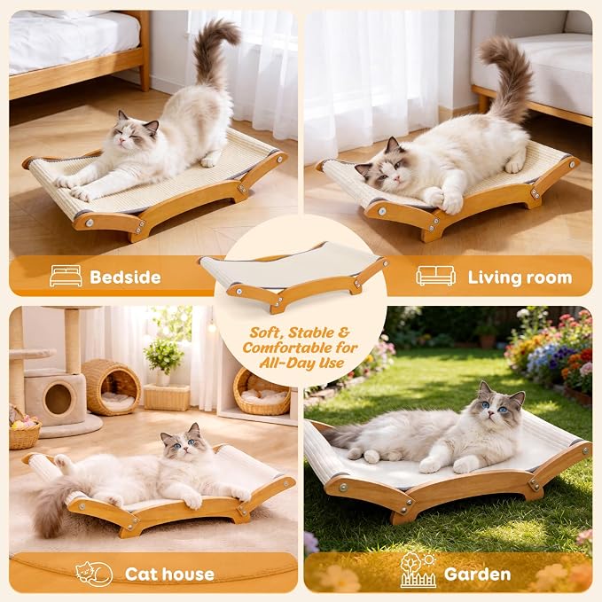 Sisal Cat Scratcher Bed for Indoor Cats, 26.3in Wooden Scratching Board | Natural Sisal Fiber,Solid Wood Frame,Cat Hammock & Lounger,Scratch Pad for Large Cats,Space-Saving,Multi-Cat households,Beige - Image 7
