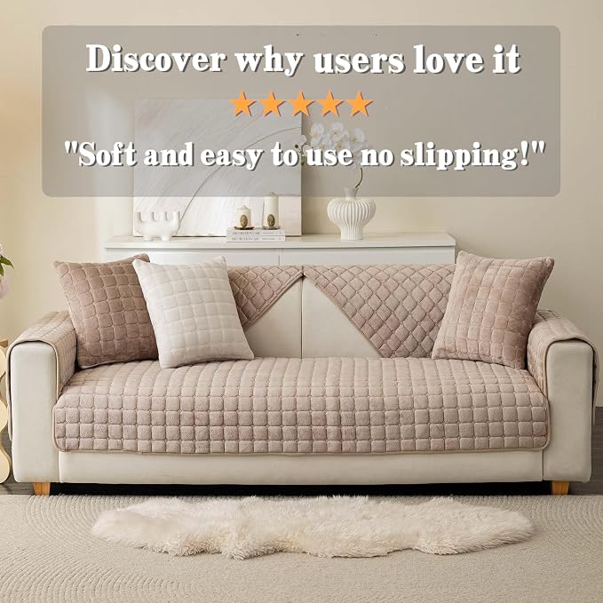 Velvet Washable Couch Cover for Pets Dogs, Non Slip Sectional Sofa Covers for 3 Cushion Couch Sofa L Sharped Sofa Slipcovers, Furniture Protector (1 PCS 27"x27",Khaki) - Image 6