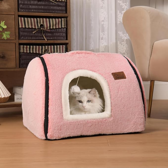 cat Bed cave-cat beds for Indoor Cats,Soft and Comfortable Cute cat Bed，cat House,with Removable Washable Cushioned Pillow,Enclosed pet Bed,Kitty pet hut、Hideaway,Small Large Dog Tent (Pink) - Image 2