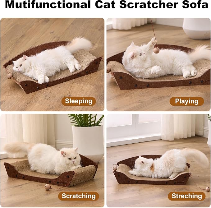 ZOMISIA 26'' Cardboard Cat Scratcher Bed - Large Scratcher Couch for Indoor Cats, Orthopedic Scratching Board, Lounger Scratching Couch with Bells - Image 5