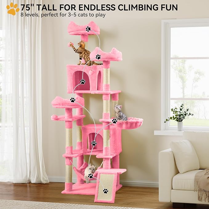 YITAHOME 75-Inch Tall Cat Tree Indoor | Multi-Level Cat Tower with Condos, Top Perches, Sisal Ramp, Scratching Posts & Cozy Basket Hammocks Pink - Image 2