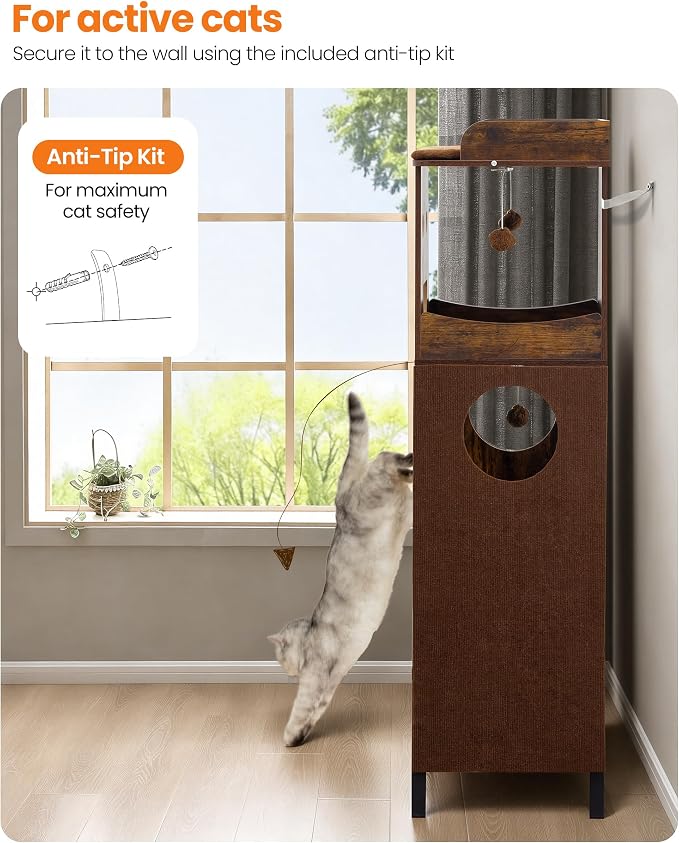 56in Modern Wood Cat Tree Tower for Indoor Cats with Hammock | Multi-Level Climbing Design, 2 Spacious Hammocks, Perch, Cat Condo, Scratching Board, Ideal for Multi-Cat Homes, Rustic Brown - Image 8