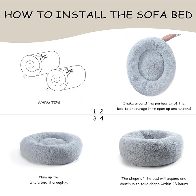 Bunlitent 23 inch Calming Dog Bed, Donut Dog Bed for Small Sized Dog, Grey | Plush Anti-Anxiety, Donut Shape, Warming Cozy, Round Cuddler Nest, Soft Cute,Marshmallow Cuddler Nest Pet Bed - Image 5