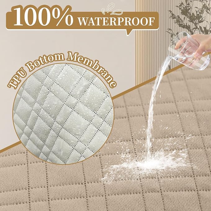 Velvet 100% Waterproof Loveseat Covers Washable Love Seat Couch Covers for 2 Cushion Couch Sofa Pet Friendly Sofa Slipcovers for Dogs Furniture Protector with Pockets (Medium, Light Khaki) - Image 2