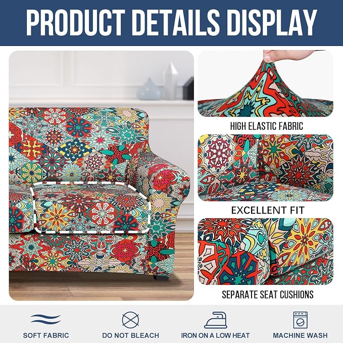 hyha Stretch Couch Covers, Sofa Cover for 3 Cushion Couch Pet Friendly | Floral Pattern, Printed, 4 Pieces, 3 Separate Cushion Sofa, Durable Anti-slip Washable Protector with Elastic Bottom for Dogs - Image 4