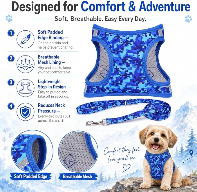 Step in Air Boy Dog Harness Leash Set- All Weather Reflective No-Pull Padded Mesh Vest Harness for Cats Puppy Extra-Small Small Medium Large Dogs - Blue Camouflage - S - Image 6