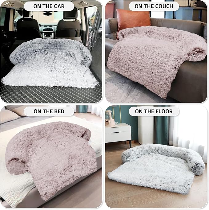 GGIB Calming Dog Bed Fluffy Plush Dog Mat for Furniture Protector with Removable Washable Cover for Large Medium Small Dogs and Cats (Medium, Rust White) - Image 6
