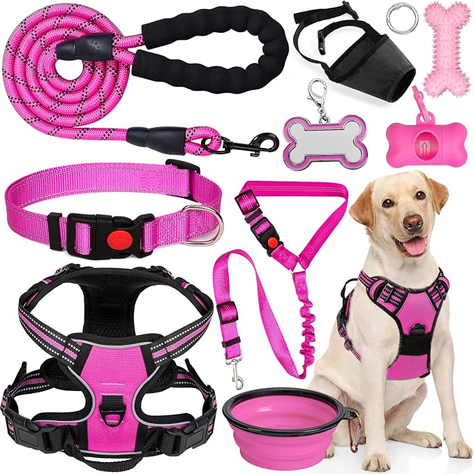 No Pull Dog Harness Adjustable Collar & Leash Set - Dog Halter Harnesses Collapsible Bowls & Poop Bag Dispenser Muzzle ID Tags Toys Fits Small Medium Large Dogs (Pink-XL) by Unknown