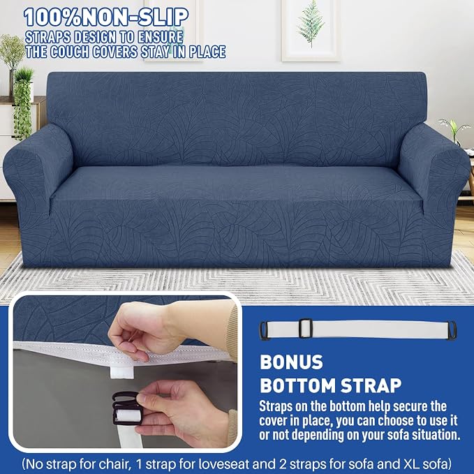 YEMYHOM Couch Cover Latest Jacquard Design High Stretch Sofa Covers for 3 Cushion Couch, Pet Dog Cat Proof Slipcover Non Slip Magic Elastic Furniture Protector (Large, Begonia Leaf Navy) - Image 5