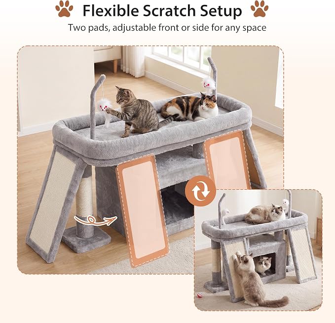 Heybly Cat Tree Extra-Long & Stable 2 Adjustable Scratch Boards HCT210SW | Easy-Climb Cat Tower with Dual-Leg Floor Condo, Sturdy Cat Furniture with Extra Wide Platform & Interactive Toys, Light Gray - Image 3