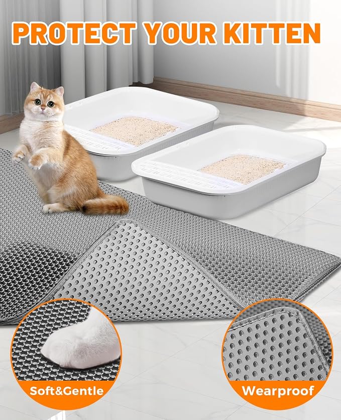 Cat Litter Mat - Extra Large Cat Litter Mat Litter Trapping Mat 46"x26"-Honeycomb Double Layer Design,Urine and Water Proof Material,No Slip& No Phthalate,Washable Easy Clean（Grey） - Image 2