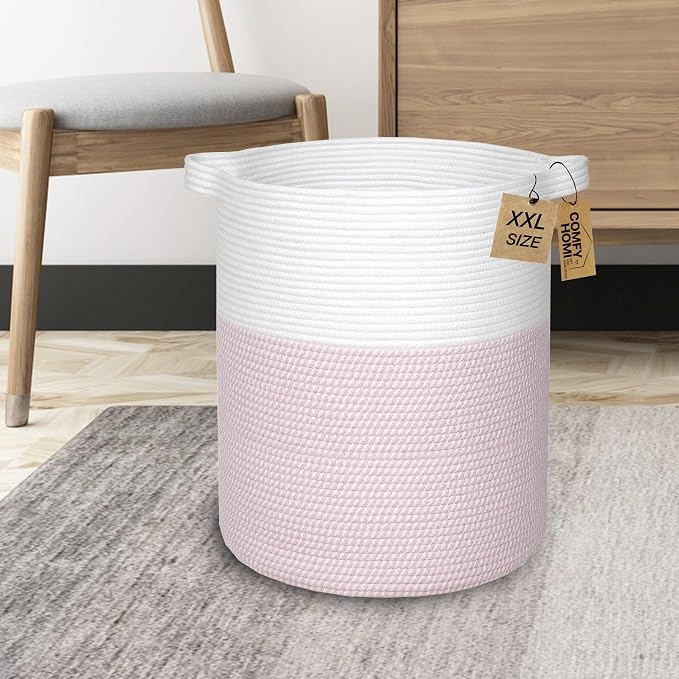 COMFY-HOMI XXL Large Laundry Basket with Handles Blanket Baskets Living Room|Woven Cotton Rope Decorative Basket Laundry Hamper Baby Basket Nursery Dog Toy Storage Organizer Bin-16”x18”-White/Pink - Image 2