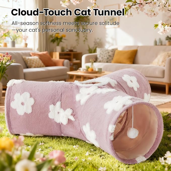 Tempcore Flannel Cat Tunnel for Indoor Cats, 3 Way Collapsible Pet Play Tunnel with Teaser Wand, Peek Holes & Hanging Ball, Interactive Tube for Kittens & Rabbits, Daisy Burlwood - Image 5