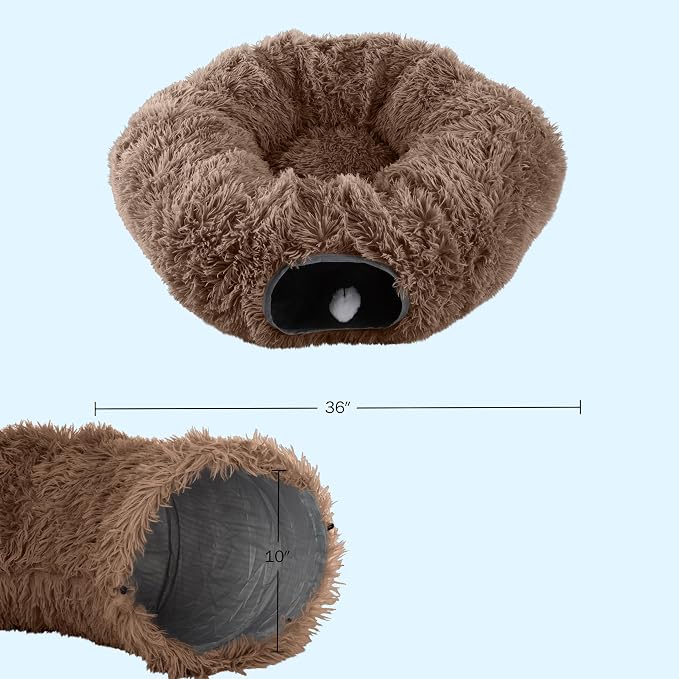 Cat Tunnel with Bed for Indoor Cats - 3FT Multifunctional Cat Tunnel Bed with Toys - Soft, Plush Peekaboo Cat Cave for Kittens, Cats, Ferrets, and Rabbits - Cat Products by PETMAKER (Brown) - Image 6