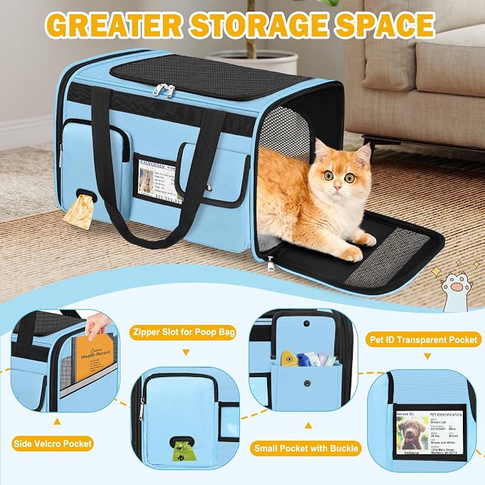 HUANLANG Large Cat Carrier Travel Soft Sided Pet Carrier Airline Approved | Dog Carriers for Small Dogs Medium Cats,Collapsible,3 Storage,zipper lock,Reflective strips,Luggage Strap, Up to 15 Lbs - Image 3