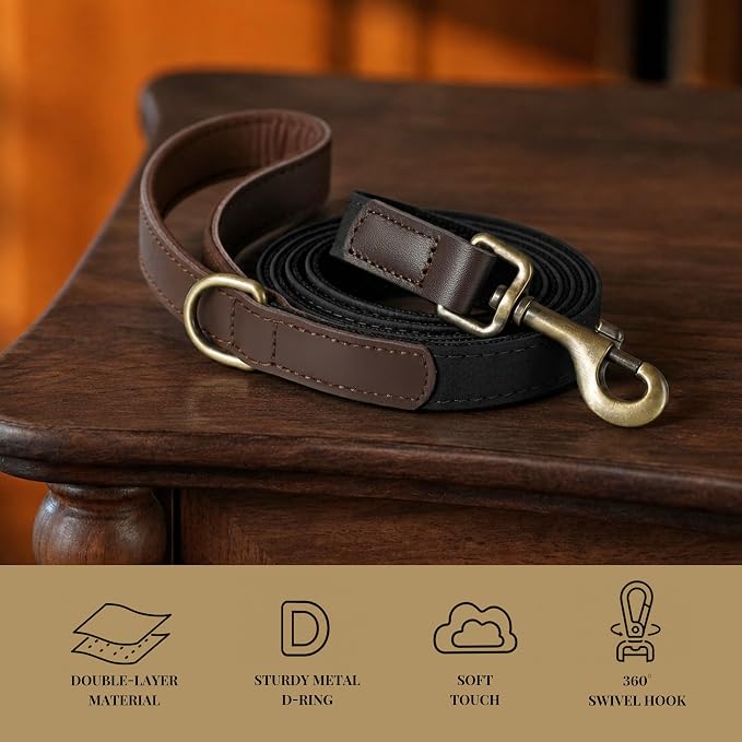 PU Leather Dog Leash for Small Dogs, 5ft Soft Padded Handle, Black | Comfortable Grip for Daily Walking Training, Full Control, Metal D-ring, Tangle-Free 360° Swivel Clasp, Easy to Clean, 5/8in - Image 4