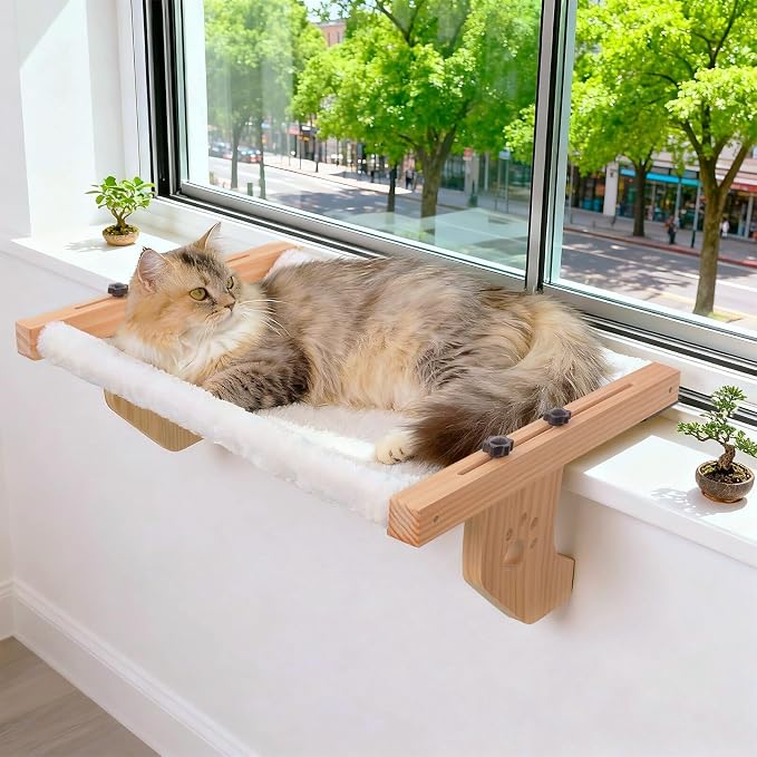 ESPETS Wooden Cat Window Hammock for Large Cats, White Kitten Window Perch | Solid Wood Window Ledge Perch, Sturdy Large Size Shelves, Soft Thick Removable Cushion, Easy Assemble Adjustable, Hold 50LBS by ESPETS