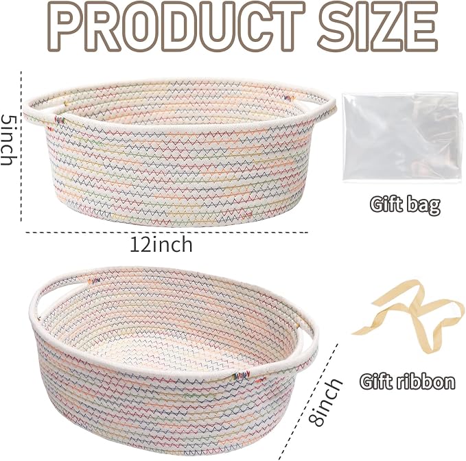 JMvicyroam Small Woven Basket, Empty Gift Basket, Colorful/1 Pack | Small Gift Basket, Cotton Rope, 12 x 8 x 48 in, Handles, Includes Ribbon and Bag, Birthday Gift Basket - Image 2