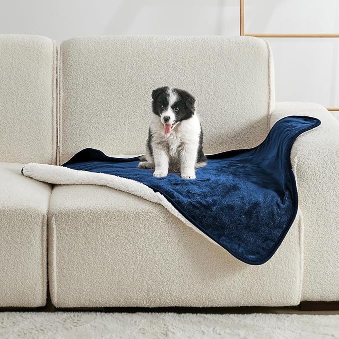 Soft Waterproof Blanket for Bed Couch Sofa, Navy Blue, 30x40 inches | Liquid Pee Proof Pet Blanket for Dog Puppy Cat, Reversible Sherpa Fleece Blanket for Couch Cover, Furniture Protector by Yaning